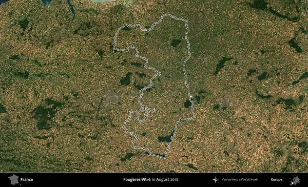 Fougeres-Vitre. Copernicus Sentinel 'in Ağustos 2018' de çekilen uydu görüntüsünde Fransa 'nın idari bölgesinin ana hatları belirlendi.