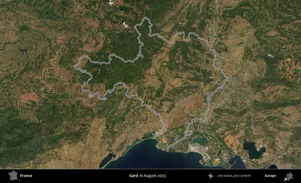 Gard. Copernicus Sentinel 'in Ağustos 2023' te çekilen uydu görüntüsünde Fransa 'nın idari bölgesinin ana hatları belirlendi.