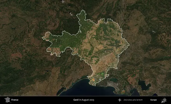 Gard. Fransa 'nın idari alanı, Ağustos 2023' te çekilen Kopernik Nöbetçi karolarından oluşan koyu renkli bir uydu görüntüsüyle vurgulandı ve özetlendi.
