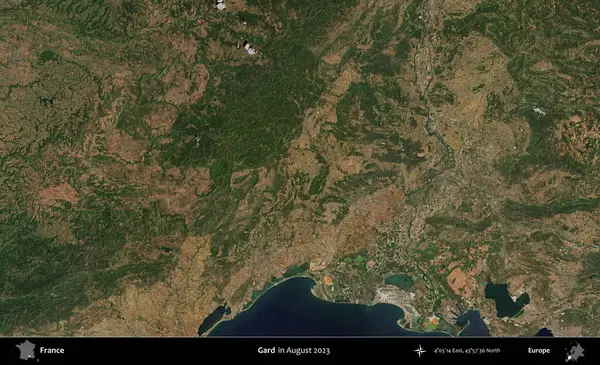 Gard. Copernicus Sentinel 'in Ağustos 2023' te çekilmiş uydu görüntüsü üzerine Fransa 'nın idari bölgesi.