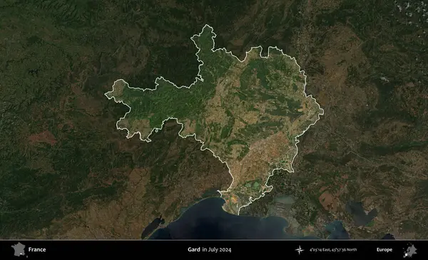 Gard. Fransa 'nın idari alanı, Temmuz 2024' te çekilen Kopernik Nöbetçi karolarından oluşan koyu renkli bir uydu görüntüsüyle vurgulandı ve özetlendi.