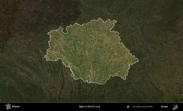 Gers. Fransa 'nın idari alanı, Mart 2019' da çekilen Kopernik Nöbetçi karolarından oluşan koyu renkli bir uydu görüntüsü üzerinde vurgulandı ve özetlendi.