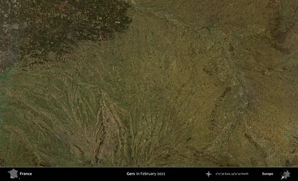Gers. Copernicus Sentinel 'in Şubat 2022' de çekilmiş uydu görüntüsü üzerine Fransa 'nın idari bölgesi.