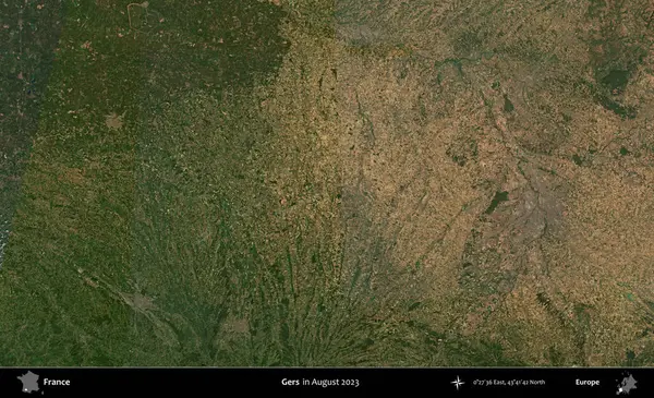 Gers. Copernicus Sentinel 'in Ağustos 2023' te çekilmiş uydu görüntüsü üzerine Fransa 'nın idari bölgesi.