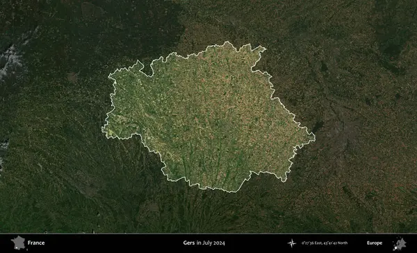 Gers. Fransa 'nın idari alanı, Temmuz 2024' te çekilen Kopernik Nöbetçi karolarından oluşan koyu renkli bir uydu görüntüsüyle vurgulandı ve özetlendi.