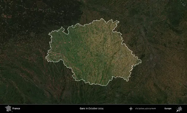 Gers. Fransa 'nın idari alanı, Ekim 2024' te çekilen Kopernik Nöbetçi karolarından oluşan koyu renkli bir uydu görüntüsü üzerinde vurgulandı ve özetlendi.
