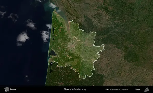 Gironde. Fransa 'nın idari alanı, Ekim 2023' te çekilen Kopernik Nöbetçi karolarından oluşan koyu renkli bir uydu görüntüsü üzerinde vurgulandı ve özetlendi.