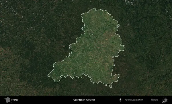 Gourdon. Fransa 'nın idari alanı, Temmuz 2024' te çekilen Kopernik Nöbetçi karolarından oluşan koyu renkli bir uydu görüntüsüyle vurgulandı ve özetlendi.