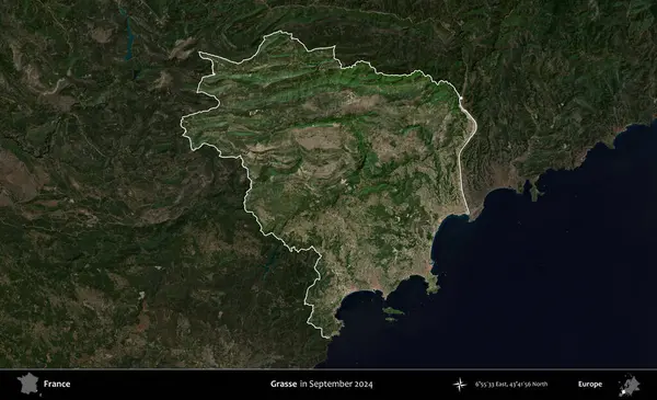 Grasse. Fransa 'nın idari alanı, Eylül 2024' te çekilen Kopernik Nöbetçi karolarından oluşan koyu renkli bir uydu görüntüsü üzerinde vurgulandı ve özetlendi.