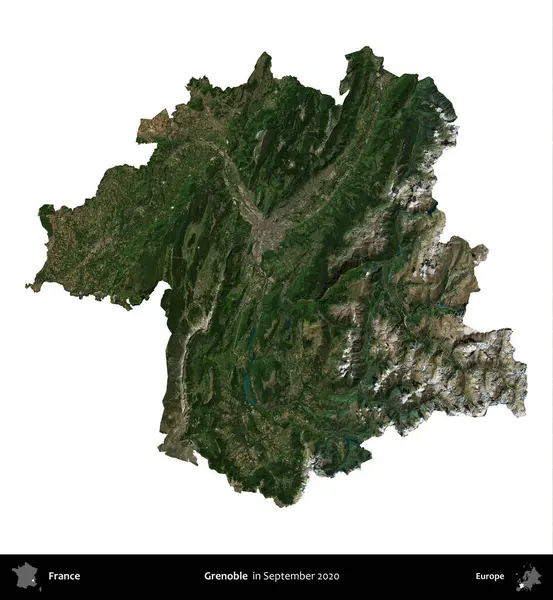 Grenoble. Fransa 'nın idari bölgesi, Eylül 2020' de çekilen Kopernik Nöbetçi karolarından oluşan uydu görüntüsüyle beyaza izole edildi.