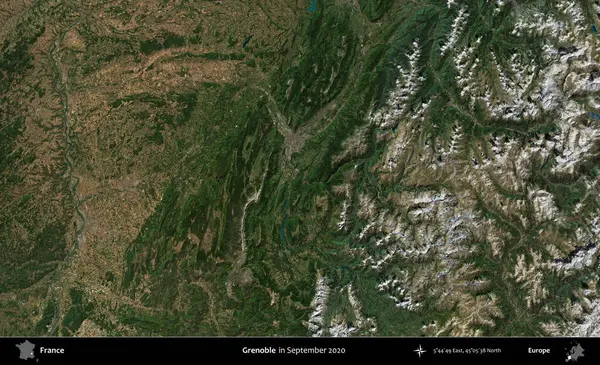 Grenoble. Copernicus Sentinel 'in Eylül 2020' de çekilmiş uydu görüntüsü üzerine Fransa 'nın idari bölgesi.