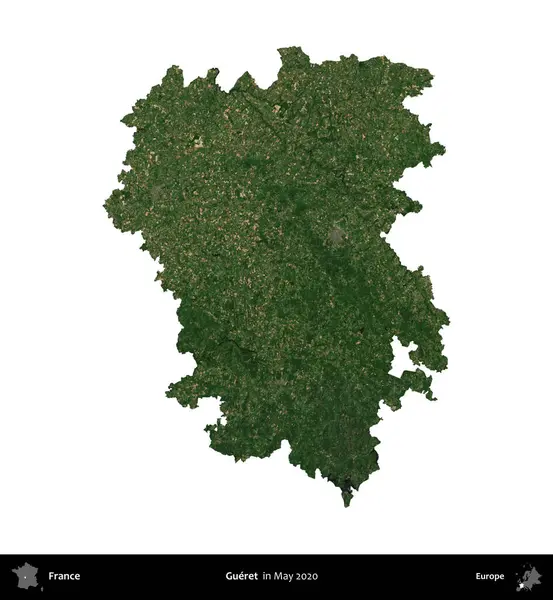 Gueret. Fransa 'nın idari bölgesi, Mayıs 2020' de çekilen Kopernik Nöbetçi karolarından oluşan bir uydu görüntüsüyle beyaza izole edildi.