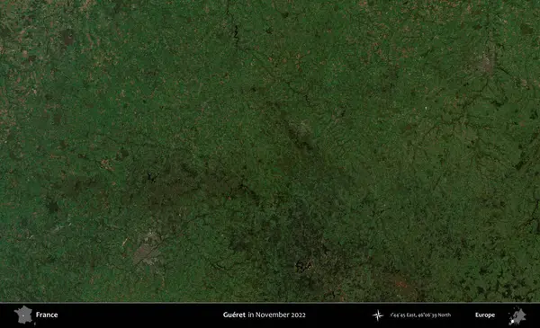 Gueret. Copernicus Sentinel 'in Kasım 2022' de çekilmiş uydu görüntüsü üzerine Fransa 'nın idari bölgesi.