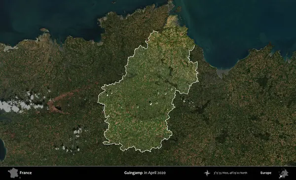 Guingamp. Fransa 'nın idari alanı, Nisan 2020' de çekilen Kopernik Nöbetçi karolarından oluşan koyu renkli bir uydu görüntüsü üzerinde vurgulandı ve özetlendi.