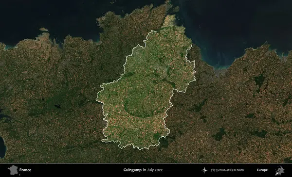Guingamp. Fransa 'nın idari alanı, Temmuz 2022' de çekilen Kopernik Nöbetçi karolarından oluşan koyu renkli bir uydu görüntüsüyle vurgulandı ve özetlendi.