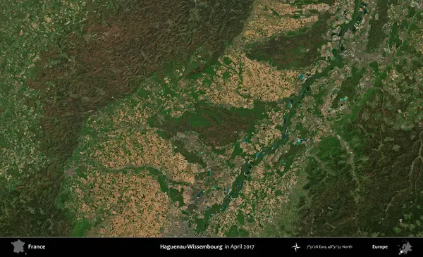 Haguenau-Wissembourg 'da. Nisan 2017 'de Copernicus Sentinel karolarından oluşan bir uydu görüntüsü üzerine Fransa' nın idari bölgesi