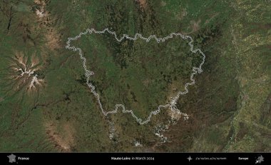 Haute-Loire 'da. Mart 2024 'te çekilen Copernicus Sentinel karolarından oluşan bir uydu görüntüsünde Fransa' nın idari bölgesinin ana hatlarını çizdim.