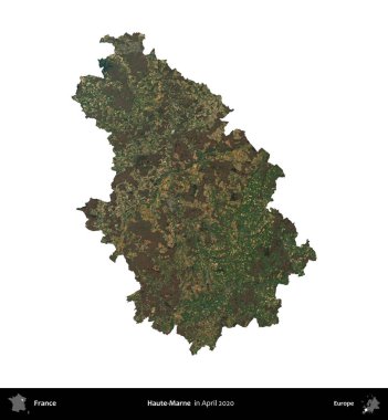Haute-Marne. Fransa 'nın idari bölgesi, Nisan 2020' de çekilen Kopernik Nöbetçi karolarından oluşan bir uydu görüntüsüyle beyaza izole edildi.