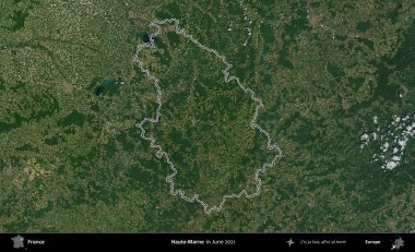 Haute-Marne. Copernicus Sentinel 'in Haziran 2021' de çekilen uydu görüntüsünde Fransa 'nın idari bölgesinin ana hatları belirlendi.