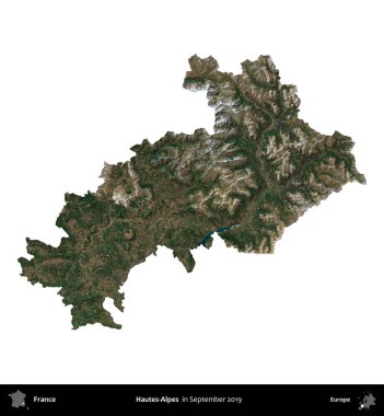Hautes-Alpes. Fransa 'nın idari bölgesi, Eylül 2019' da çekilen Kopernik Nöbetçi karolarından oluşan uydu görüntüsüyle beyaza izole edildi.
