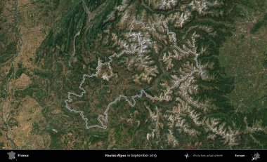 Hautes-Alpes. Eylül 2019 'da çekilen Copernicus Sentinel karolarından oluşan bir uydu görüntüsünde Fransa' nın idari bölgesinin ana hatlarını çizdim.