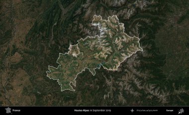 Hautes-Alpes. Fransa 'nın idari alanı, Eylül 2019' da çekilen Kopernik Nöbetçi karolarından oluşan koyu renkli bir uydu görüntüsü üzerinde vurgulandı ve özetlendi.