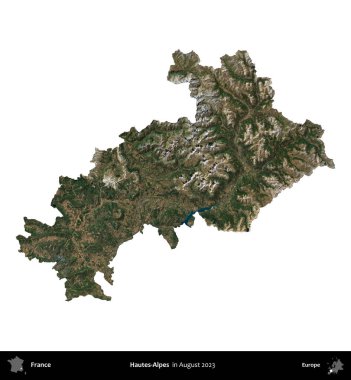 Hautes-Alpes. Fransa 'nın idari bölgesi, Ağustos 2023' te çekilen Kopernik Nöbetçi karolarından oluşan bir uydu görüntüsüyle beyaza izole edildi.