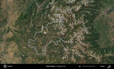 Hautes-Alpes. Copernicus Sentinel 'in Ağustos 2023' te çekilen uydu görüntüsünde Fransa 'nın idari bölgesinin ana hatları belirlendi.