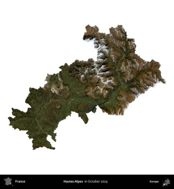 Hautes-Alpes. Fransa 'nın idari bölgesi, Ekim 2024' te çekilen Kopernik Nöbetçi karolarından oluşan uydu görüntüsüyle beyaza izole edildi.