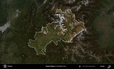 Hautes-Alpes. Fransa 'nın idari alanı, Ekim 2024' te çekilen Kopernik Nöbetçi karolarından oluşan koyu renkli bir uydu görüntüsü üzerinde vurgulandı ve özetlendi.