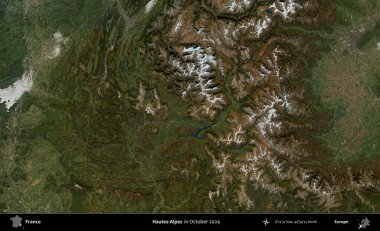 Hautes-Alpes. Copernicus Sentinel 'in Ekim 2024' te çekilmiş uydu görüntüsü üzerine Fransa 'nın idari bölgesi.