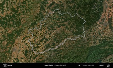 Haute-Saone. Eylül 2018 'de çekilen Copernicus Sentinel karolarından oluşan bir uydu görüntüsünde Fransa' nın idari bölgesinin ana hatlarını çizdim.