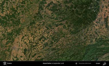 Haute-Saone. Copernicus Sentinel 'in Eylül 2018' de çekilmiş uydu görüntüsü üzerine Fransa 'nın idari bölgesi.