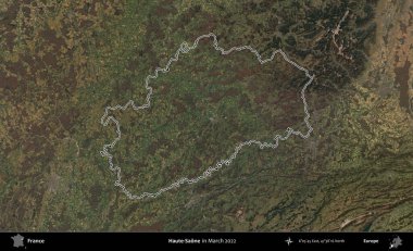 Haute-Saone. Mart 2022 'de çekilen Copernicus Sentinel karolarından oluşan bir uydu görüntüsünde Fransa' nın idari bölgesinin ana hatları belirlendi.