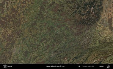 Haute-Saone. Copernicus Sentinel 'in Mart 2022' de çekilmiş uydu görüntüsü üzerine Fransa 'nın idari bölgesi.