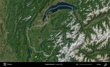 Haute-Savoie. Haziran 2020 'de çekilen Copernicus Sentinel karolarından oluşan bir uydu görüntüsü üzerine Fransa' nın idari bölgesinin ana hatlarını belirledik.