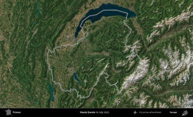 Haute-Savoie. Copernicus Sentinel 'in Temmuz 2022' de çekilen uydu görüntüsünde Fransa 'nın idari bölgesinin ana hatları belirlendi.