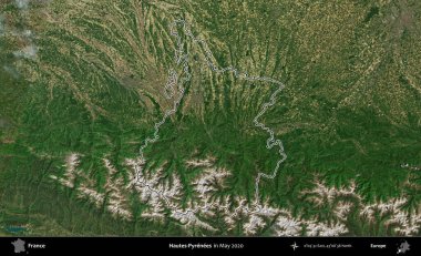 Hautes-Pyrenees 'de. Mayıs 2020 'de çekilen Copernicus Sentinel karolarından oluşan bir uydu görüntüsünde Fransa' nın idari bölgesinin ana hatları belirlendi.