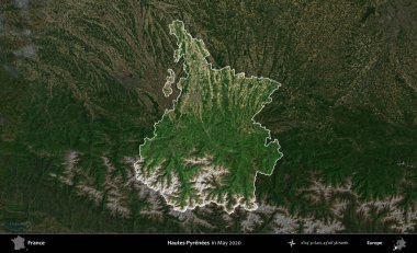 Hautes-Pyrenees 'de. Fransa 'nın idari alanı, Mayıs 2020' de çekilen Kopernik Nöbetçi karolarından oluşan koyu renkli bir uydu görüntüsü üzerinde vurgulandı ve özetlendi.