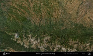 Hautes-Pyrenees 'de. Copernicus Sentinel 'in Ekim 2023' te çekilmiş uydu görüntüsü üzerine Fransa 'nın idari bölgesi.