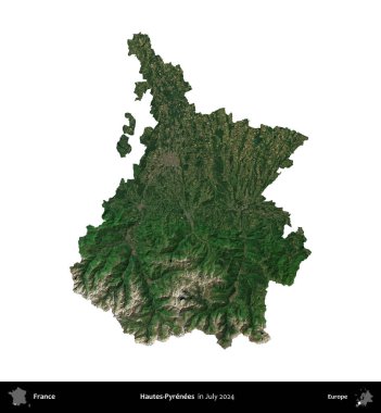 Hautes-Pyrenees 'de. Fransa 'nın idari bölgesi, Temmuz 2024' te çekilen Kopernik Nöbetçi karolarından oluşan bir uydu görüntüsü ile beyaza izole edildi.
