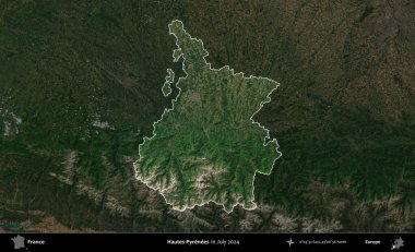 Hautes-Pyrenees 'de. Fransa 'nın idari alanı, Temmuz 2024' te çekilen Kopernik Nöbetçi karolarından oluşan koyu renkli bir uydu görüntüsüyle vurgulandı ve özetlendi.