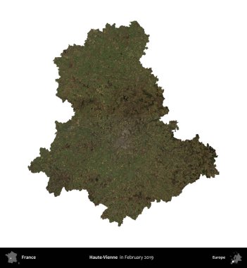 Haute-Vienne. Fransa 'nın idari bölgesi, Şubat 2019' da çekilen Kopernik Nöbetçi karolarından oluşan uydu görüntüsüyle beyaza izole edildi.