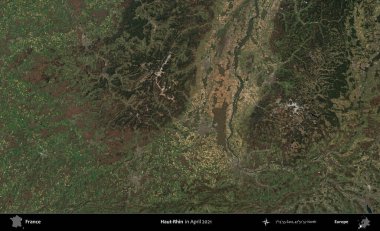 Haut-Rhin. Copernicus Sentinel 'in Nisan 2021' de çekilmiş uydu görüntüsü üzerine Fransa 'nın idari bölgesi.