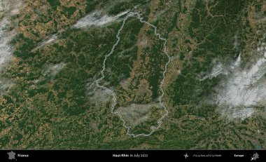 Haut-Rhin. Copernicus Sentinel 'in Temmuz 2022' de çekilen uydu görüntüsünde Fransa 'nın idari bölgesinin ana hatları belirlendi.