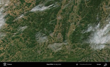 Haut-Rhin. Copernicus Sentinel 'in Temmuz 2022' de çekilmiş uydu görüntüsü üzerine Fransa 'nın idari bölgesi.