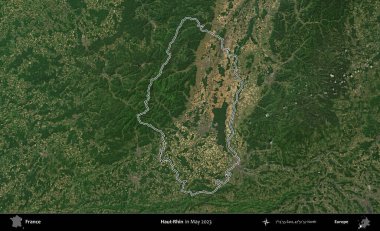 Haut-Rhin. Mayıs 2023 'te çekilen Copernicus Sentinel karolarından oluşan bir uydu görüntüsünde Fransa' nın idari bölgesinin ana hatları belirlendi.