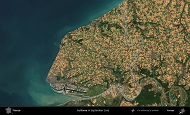 Le Havre. Eylül 2019 'da çekilen Copernicus Sentinel karolarından oluşan bir uydu görüntüsünde Fransa' nın idari bölgesinin ana hatlarını çizdim.
