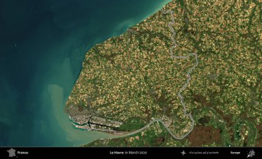 Le Havre. Mart 2020 'de çekilen Copernicus Sentinel karolarından oluşan bir uydu görüntüsünde Fransa' nın idari bölgesinin ana hatları belirlendi.