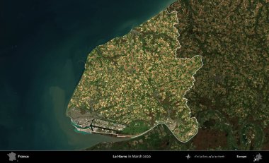 Le Havre. Fransa 'nın idari alanı, Mart 2020' de çekilen Kopernik Nöbetçi karolarından oluşan koyu renkli bir uydu görüntüsü üzerinde vurgulandı ve özetlendi.